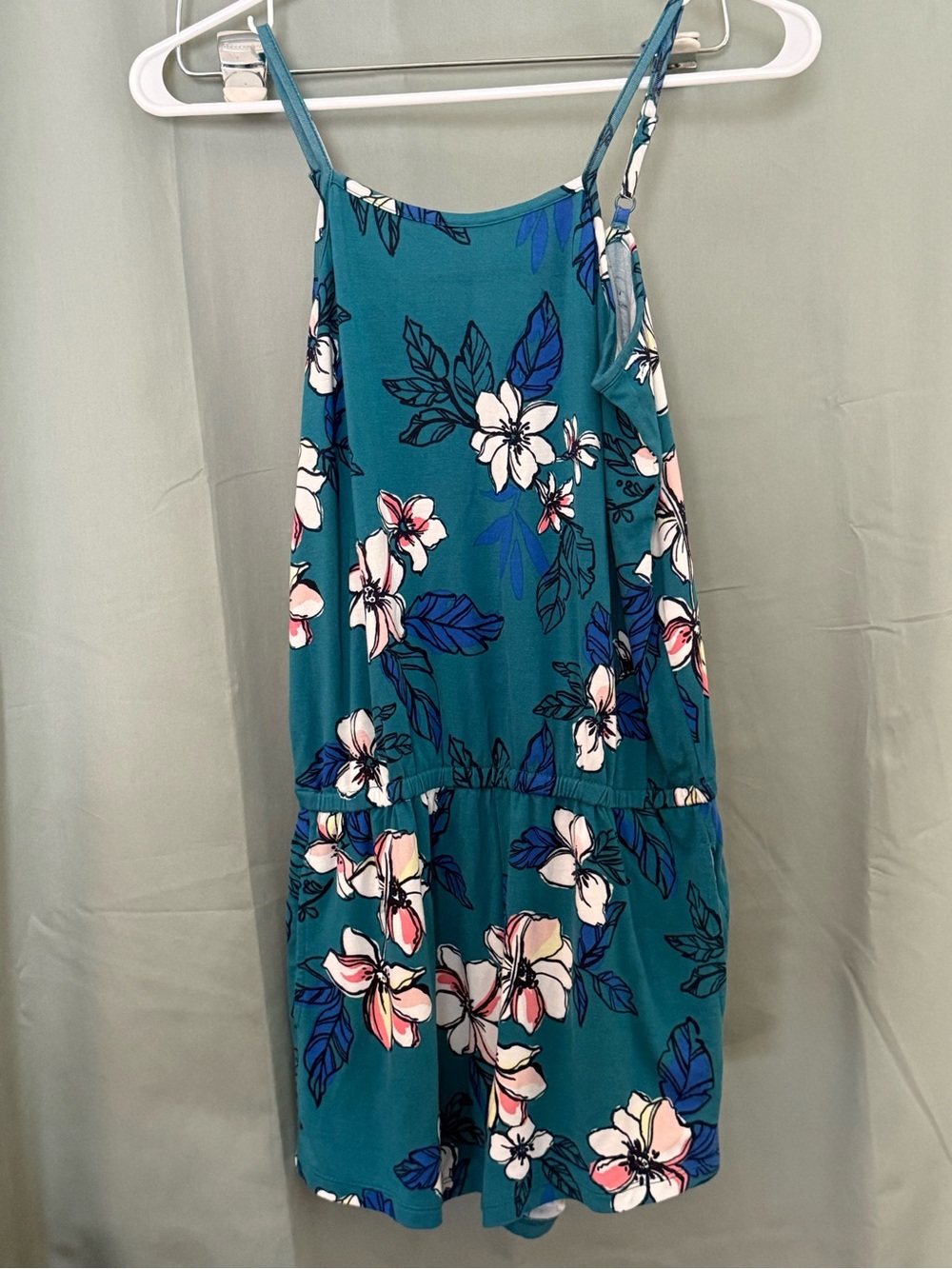 Bixby Nomad Teal Floral Romper with Spaghetti Straps